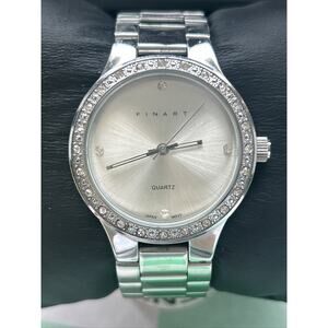 Finart Silver Tone Rhinestone Bezel Womens Quartz Watch